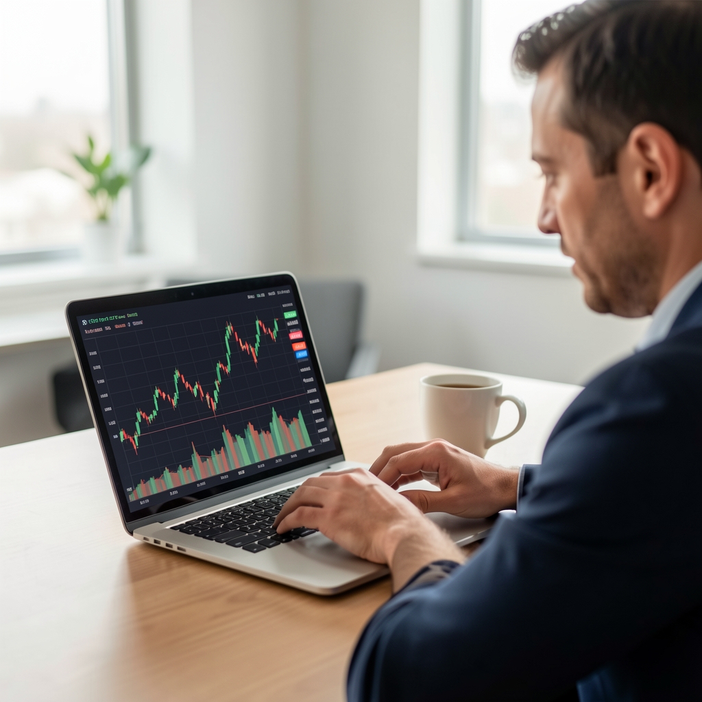 Začínající investor sleduje výkonnost ETF fondů na notebooku s finančními grafy
