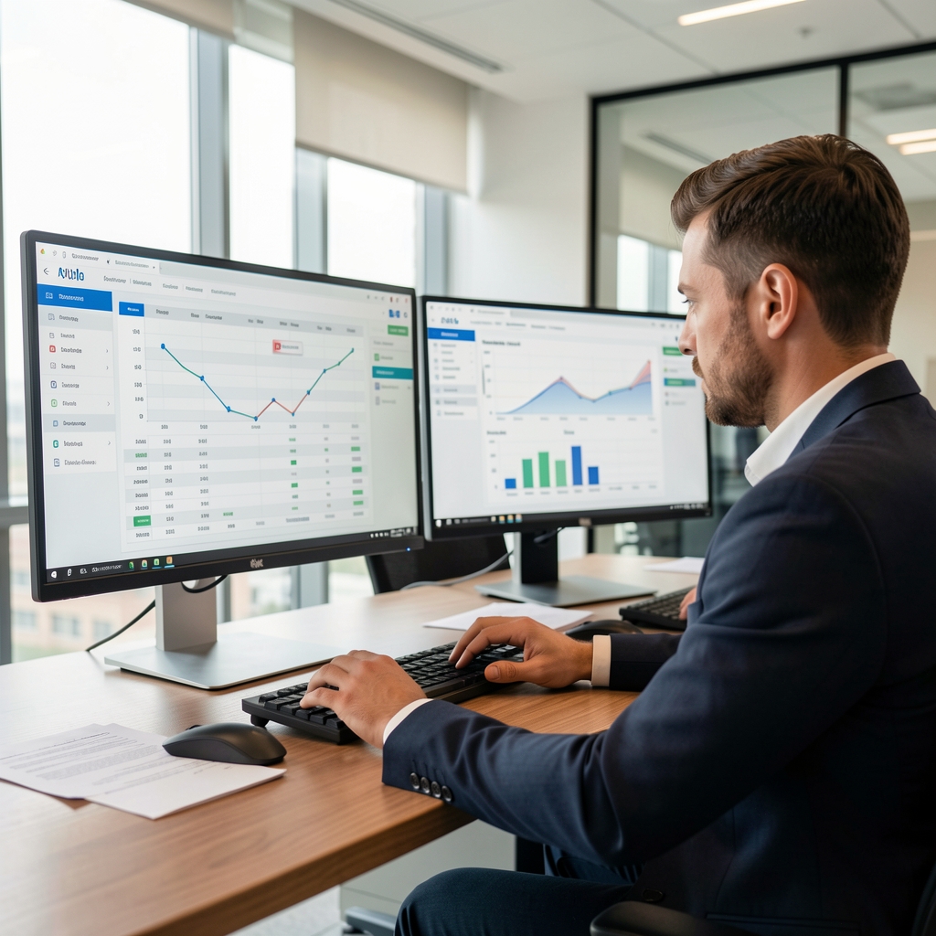 Finanční analytik zkoumá tabulky a grafy osobního finančního plánu na dvou monitorech v moderní kanceláři